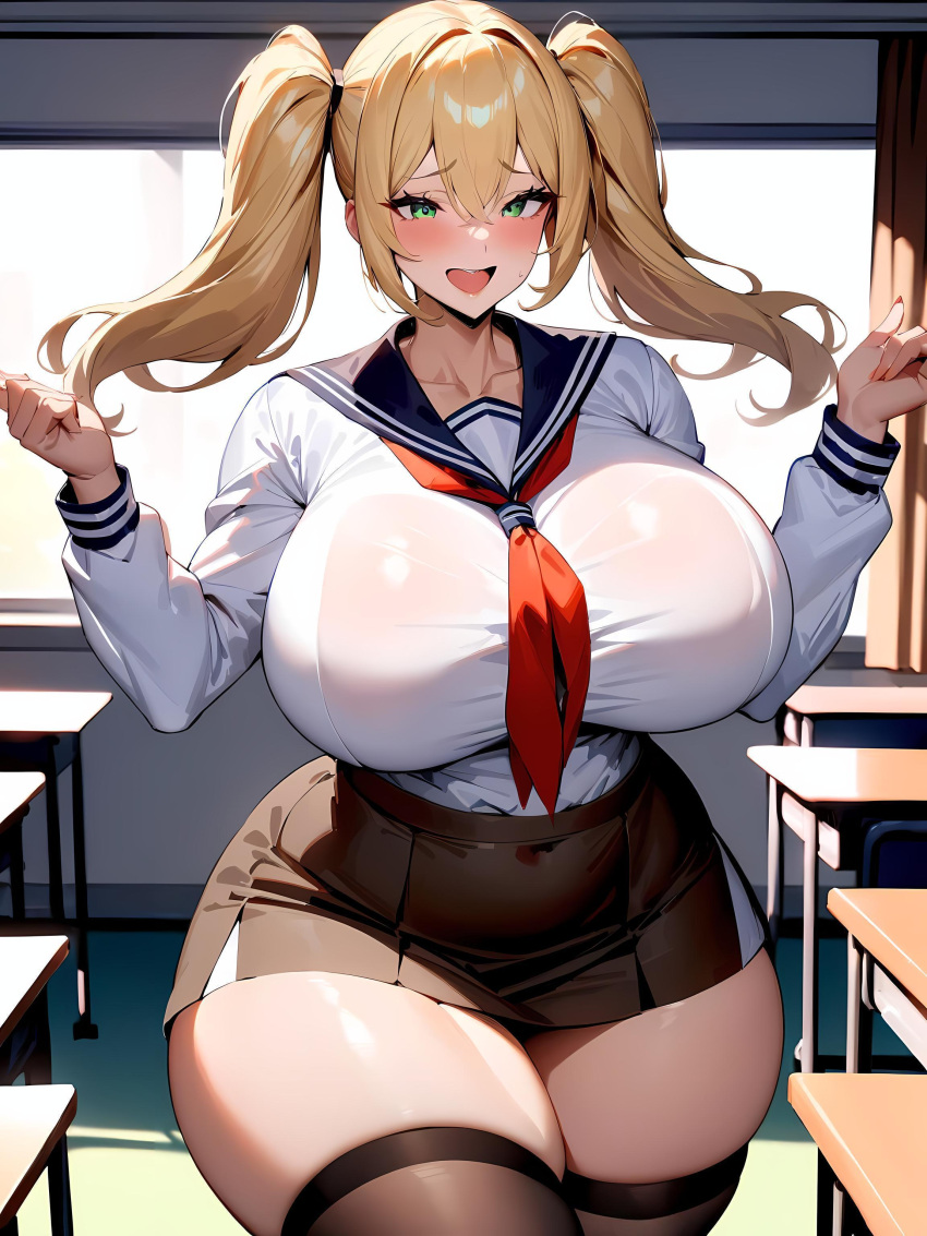 1girls ai_generated big_breasts big_breasts blonde_hair blush breasts breasts clothed clothed_female clothing collarbone curvaceous curvy curvy_body curvy_female curvy_figure female female_only green_eyes huge_breasts indoors legs legs_together legwear light-skinned_female light_skin looking_at_viewer open_mouth pale-skinned_female pale_skin school school_uniform schoolgirl short_skirt skirt solo solo_female standing thick_thighs thighhighs thighs twintails voluptuous voluptuous_female white_skin