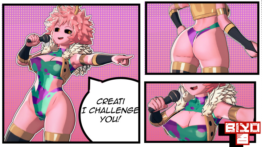 3d 3d_(artwork) ass big_breasts biyo bodysuit comic english_text hero_outfit_(mha) leotard mina_ashido my_hero_academia pink_hair wrestling wrestling_outfit