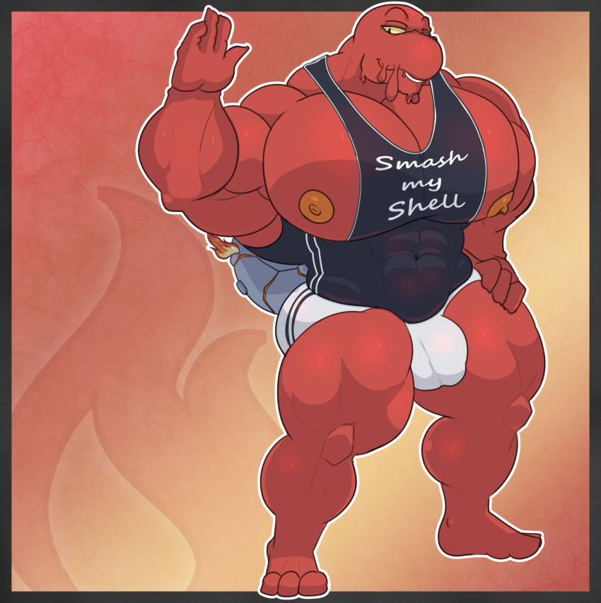 abs anthro athletic_wear biceps big_muscles bottomwear bulge clothed clothing detailed_bulge digital_media_(artwork) elemental_creature english_text feet fire gastropod generation_2_pokemon goo_creature gym_bottomwear gym_shorts hi_res huge_muscles humanoid_feet hyper hyper_muscles lava lava_creature looking_at_viewer magcargo male mineral_fauna mollusk muscular muscular_anthro muscular_male nintendo nipples pecs plantigrade pokemon pokemon_(species) seaserpenttailor shirt shorts simple_background solo sportswear standing tank_top teeth text text_on_clothing text_on_shirt text_on_topwear toes topwear