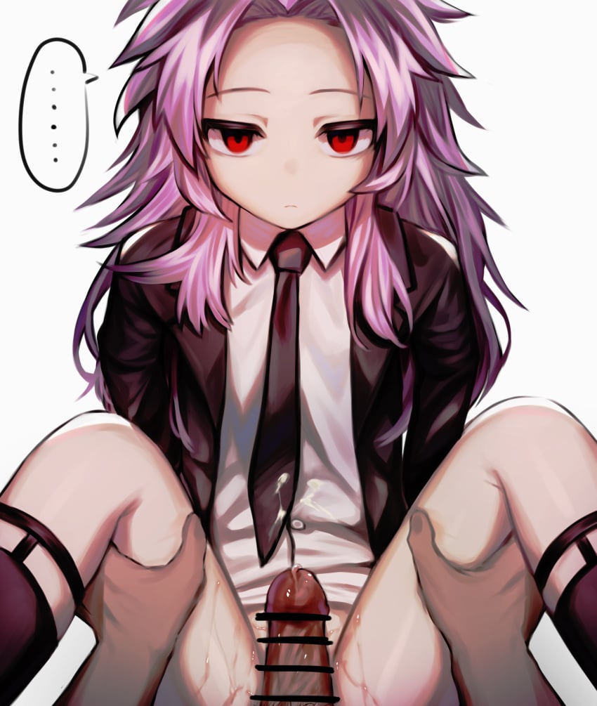 ... 1boy 1other absurdres androgynous black_jacket black_necktie bottomless collared_shirt commentary_request cum cum_on_clothes cum_on_legs dark-skinned_male dark_skin emotionless_sex expressionless frottage hands_on_another&#039;s_thighs hatsutori_hajime highres jacket long_hair long_sleeves mawimawi_kaburi necktie open_clothes open_jacket other_with_male parted_bangs penis pink_hair red_eyes rule_63 saibou_shinkyoku shirt simple_background solo_focus spoken_ellipsis white_background white_shirt