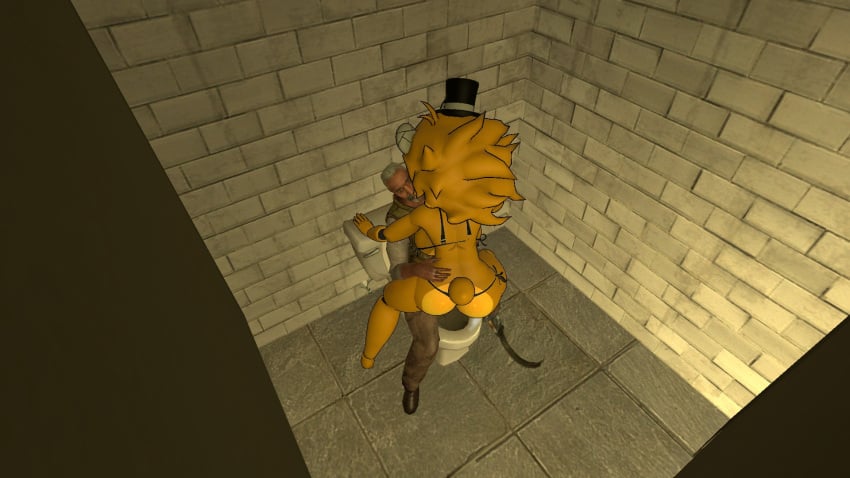 3d 3d_(artwork) animatronic_female bathroom bathroom_stall big_breasts big_breasts bikini cally3d clothed cuddle dry_humping duo eli_vance fap_nights_at_frenni's garry's_mod golden_fredina_(cally3d) hand_on_hip hand_on_shoulder rape raped sitting_on_lap toilet toilet_stall yellow_body yellow_hair