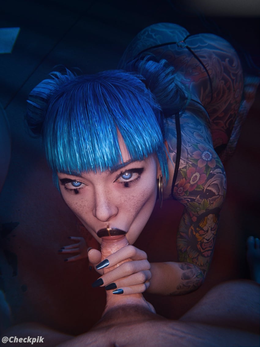 1boy 1boy1girl 1girls 3d 3d_(artwork) blue_hair cd_projekt_red checkpik cheri_nowlin cyberpunk_(series) cyberpunk_2077 fellatio female female_focus female_only hi_res high_resolution highres sucking_penis tattoo tattoos tattoos_everywhere