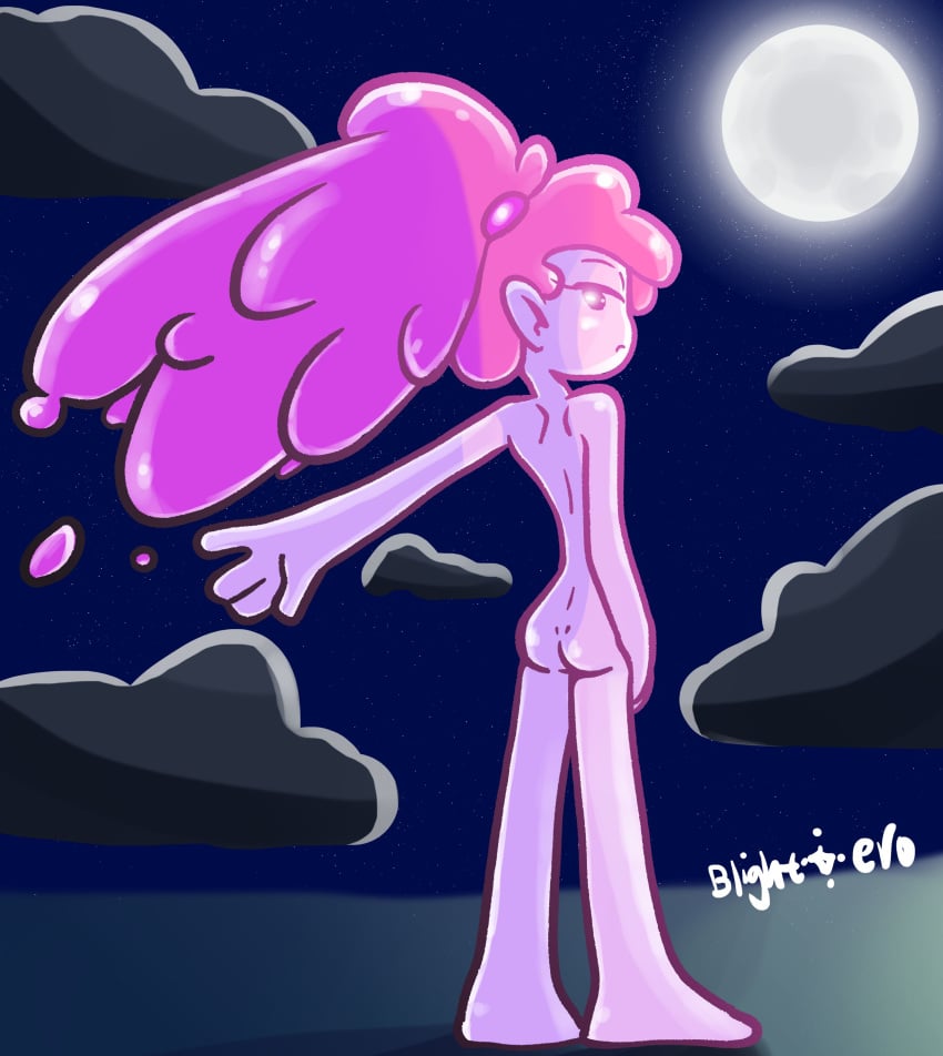 1girls adventure_time arm_out artist_name ass back_view blightstar candy_hair candy_humanoid clouds dramatic_lighting ear female female_only hair hairtie hand_on_hip long_hair looking_at_viewer looking_over_shoulder moon moonlight naked outdoors pink_body ponytail princess_bubblegum render rim_light shine simple_eyes small_ass standing tagme