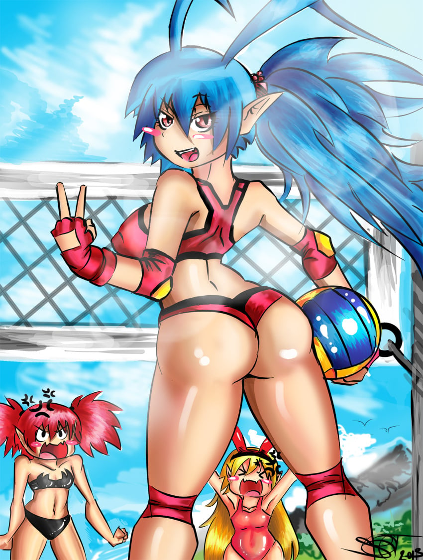 angry ass behind_view bikini canon_genderswap disgaea disgaea_d2 etna flonne flonne_(fallen_angel) genderswap_(mtf) laharl laharl-chan nippon_ichi_software onat thick_ass volleyball volleyball_net volleyball_uniform