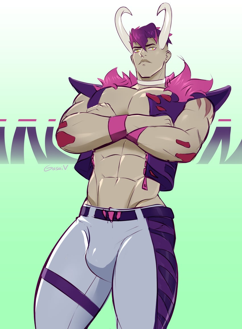 1boy abs arms_crossed arms_crossed_under_pecs bulge choker gasaiv gijinka great_tusk horn jacket looking_at_viewer looking_down looking_down_at_viewer low-angle_view male male_only muscular muscular_arms muscular_chest muscular_thighs pants pecs pokemon pokemon_sv pov pov_eye_contact purple_hair serious solo solo_male standing standing_over_viewer unimpressed wristband
