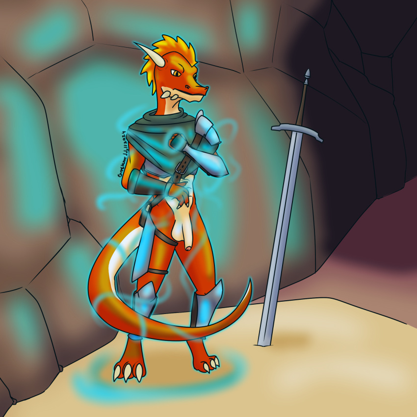 anthro armor bottomless casting_spell cave cloak clothed clothing fyreblazes genitals greaves hair hi_res kobold magic magic_user male melee_weapon nude orange_eyes orange_hair pauldron penis red_body scalie solo sword tail thigh_armor weapon zaw(fyreblazes)