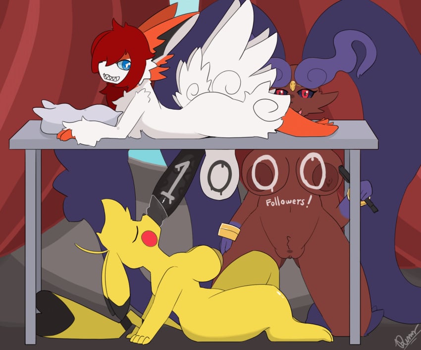 2d_animation 6:5 animated anthro ass balls belly big_balls big_belly big_breasts big_butt big_penis blue_eyes bodily_fluids breasts closed_eyes cosplay_pikachu_(character) dengon fellatio female furniture furry generation_4_pokemon generation_5_pokemon genital_fluids genitals geno_za_warudo group hi_res huge_balls huge_cock larger_female legendary_pokemon looking_at_viewer loop lopunny lying male male/female milking_table nintendo oral penile penis pillow pokemon pokemon_(species) precum pussy red_eyes saliva saliva_on_penis sex short_playtime simple_background size_difference smaller_male table text thick_thighs tongue tongue_out trio under_the_table victini