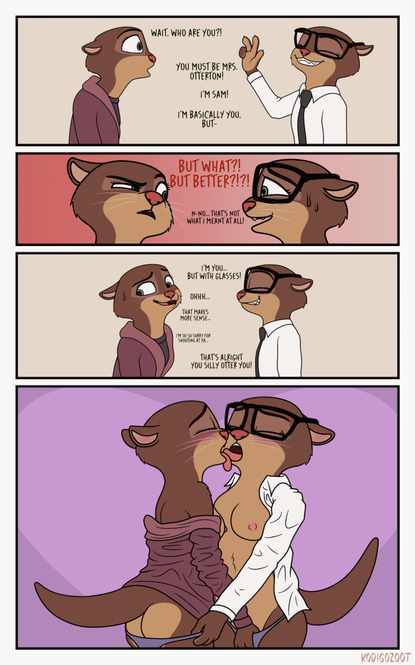 animated anthro ass blush bodily_fluids breasts butt_heart clothing comic dialogue disney duo eyewear female female/female french_kissing glasses hi_res humor kissing kodigozoot lutrine mammal mrs._otterton mustelid nipples panties sam_(zootopia+) short_playtime small_breasts sweat tongue tongue_out underwear undressing whiskers yuri zootopia zootopia+