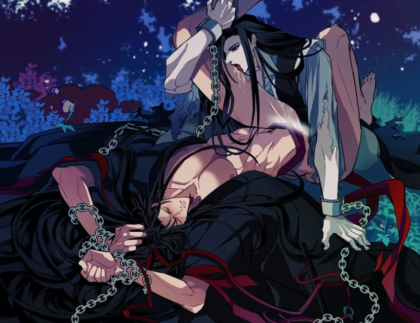 anal_sex bishonen black_hair black_hanfu black_robe chained chained_cuffs chained_together chained_wrists chains chinese_clothing clothing cum drooling gay gay_domination gay_sex hanfu licking long_hair_male male male_only maledom malesub manacles mo_dao_zu_shi robe torn_clothing wei_wuxian wen_ning wenhuaishi2 yaoi