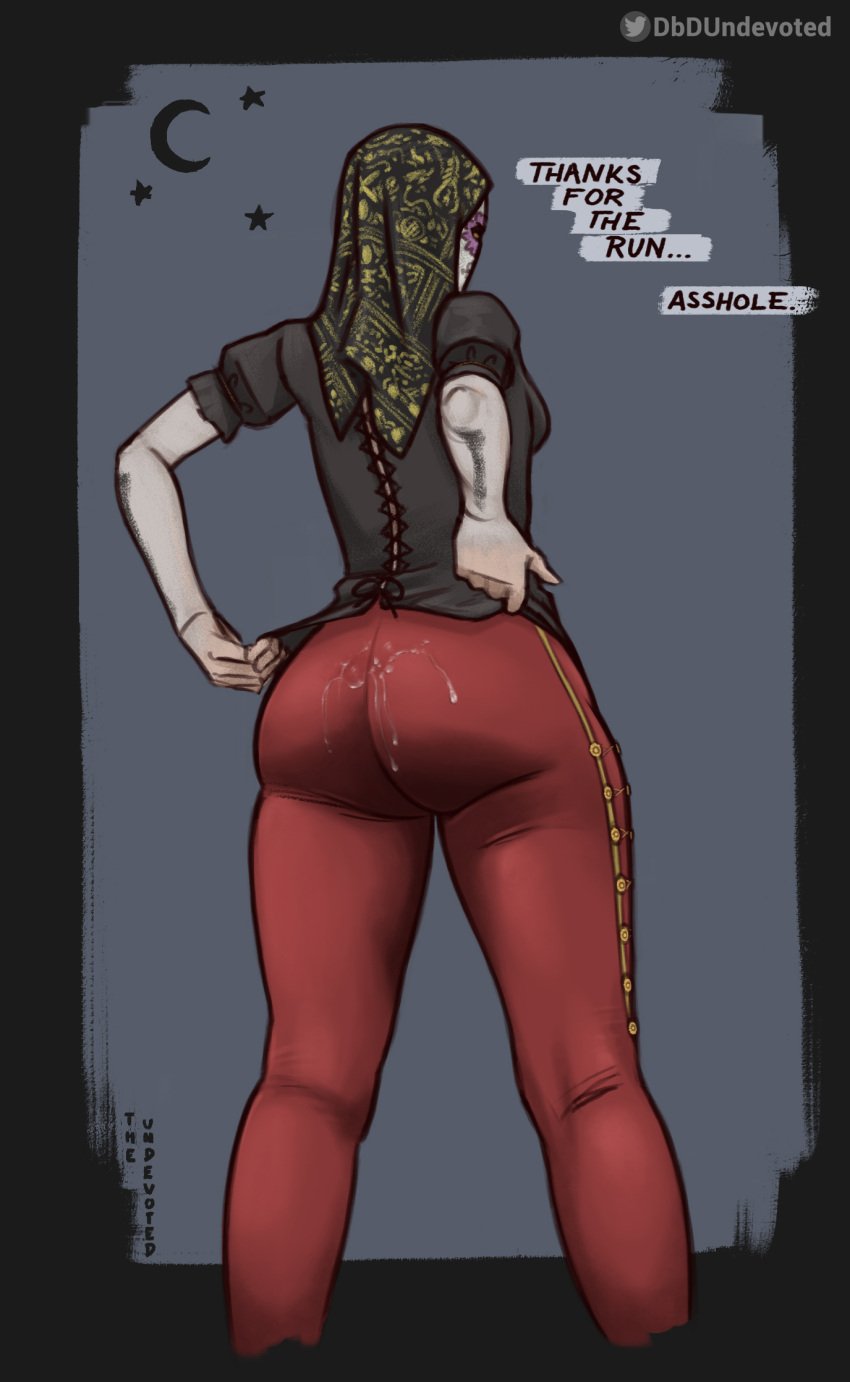 1girls ass back_view clothing cum cum_on_ass dbd dead_by_daylight female_only julie_kostenko leggings legs light_skin looking_at_viewer mask solo solo_female text the_legion the_undevoted thighs