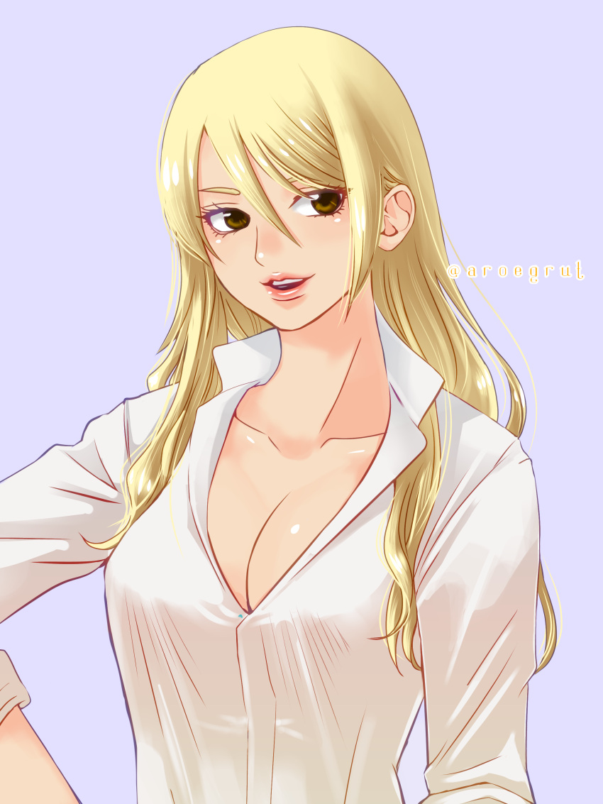 aroegrut blonde_hair blouse brown_eyes canon_genderswap cleavage female female_only genderswap_(mtf) gintama hand_on_hip kondou_goriko kondou_isao long_hair medium_breasts open_mouth popped_collar rule_63 solo upper_body white_shirt