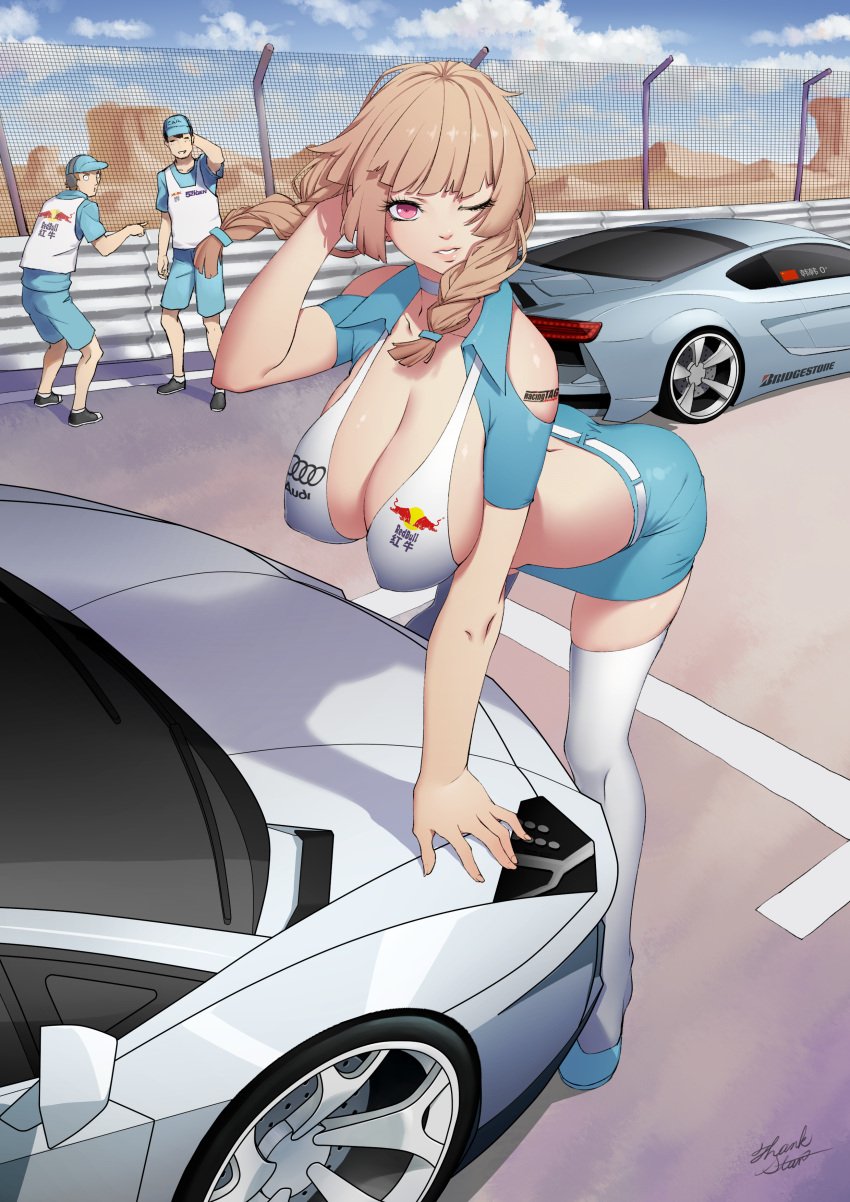 1girls 2boys absurd_res absurdres ass bare_shoulders belt bending_forward bending_over big_breasts braid breasts car chinese_text cleavage company_name covered_nipples daye_bie_qia_lian female female_focus ground_vehicle hat hi_res high_resolution highres large_breasts light-skinned_female light_skin long_hair looking_at_viewer motor_vehicle multiple_boys one_eye_closed original parted_lips pink_eyes race_queen race_vehicle racecar shiny shiny_hair shiny_skin skirt teeth thighhighs twin_braids white_legwear wind wink winking winking_at_viewer