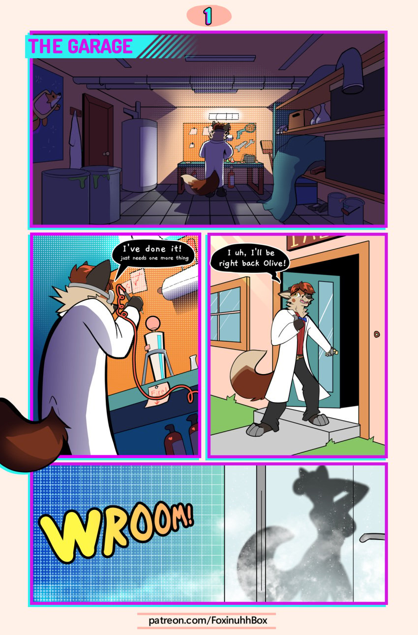 bubble building clothing coat comic dialogue digital_media_(artwork) door english_text female foxinuhhbox furry garage hi_res house lab_coat male milo_(foxinuhhbox) olive_(foxinuhhbox) page_1 science scientist shower silhouette sound_effects speech_bubble steam text topwear