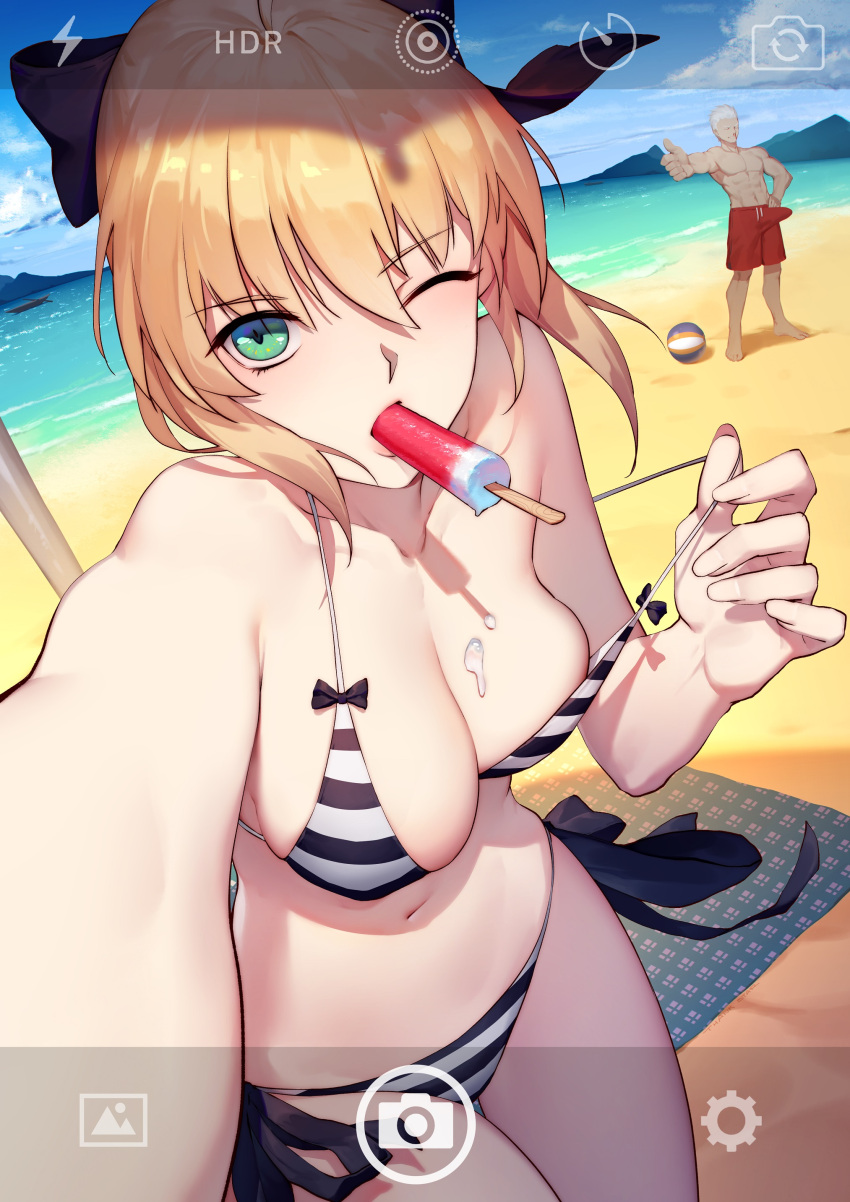 1boy 1girls archer_(fate) artoria_pendragon beach belly belly_button big_breasts bikini bing_chilling blonde_female blonde_hair blood blue_eyes blue_sky boat breasts bulge cleavage cloud day daye_bie_qia_lian erection erection_under_clothes fate/stay_night fate_(series) female female_focus food hi_res high_resolution highres ice_cream ice_cream_on_breasts large_breasts looking_at_viewer male mountain navel nosebleed one_eye_closed outdoors phone_screen popsicle reaching_towards_viewer saber_lily selfie sky striped striped_bikini swimsuit tanned tanned_male thumbs_up water watercraft white_hair