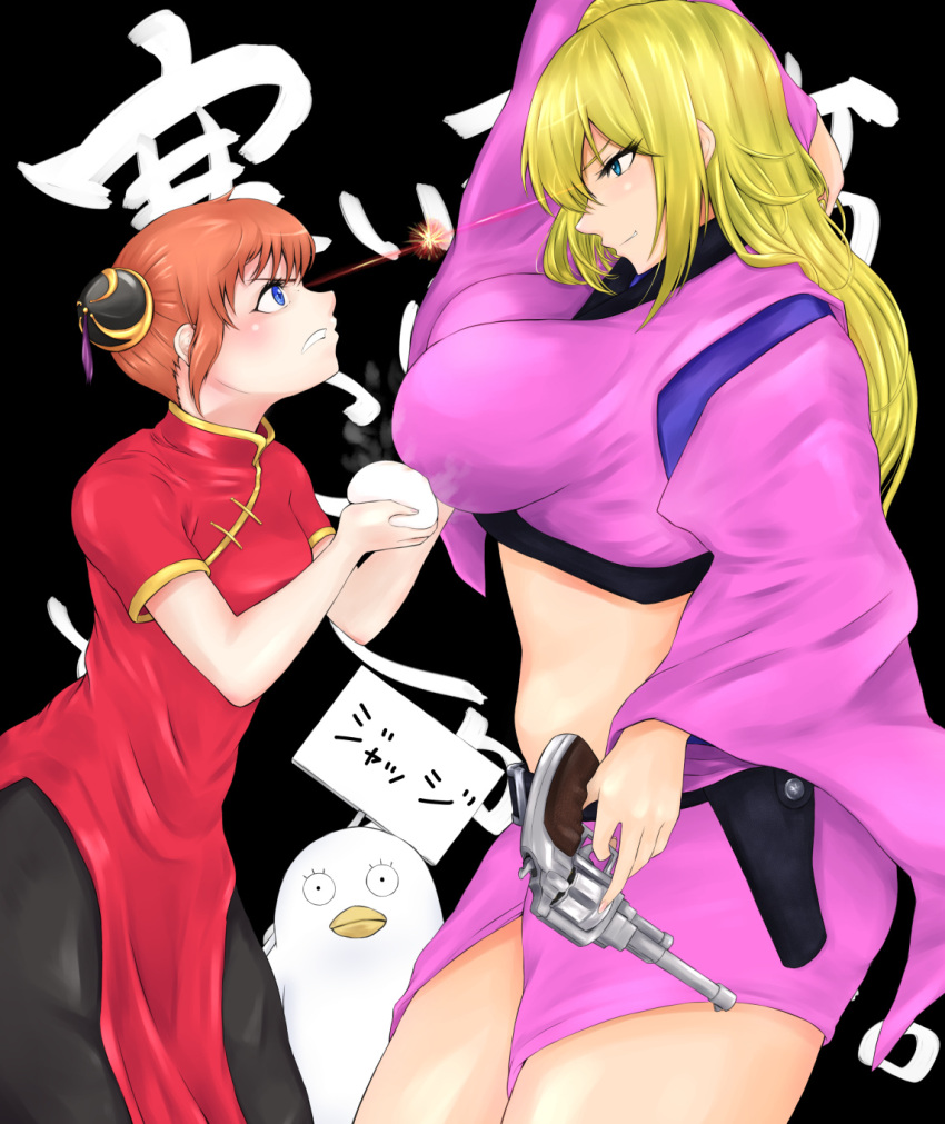 2girls age_difference angry bare_midriff big_breasts black_background blonde_hair blue_eyes breast_lift bun_cover china_dress chinese_clothes clenched_teeth dumpling elizabeth_(gintama) female female_only food fully_clothed gintama gun hair_ornament hajimenakano japanese_clothes japanese_text kagura_(gintama) kijima_matako long_hair multiple_girls orange_hair profile smug steam text weapon