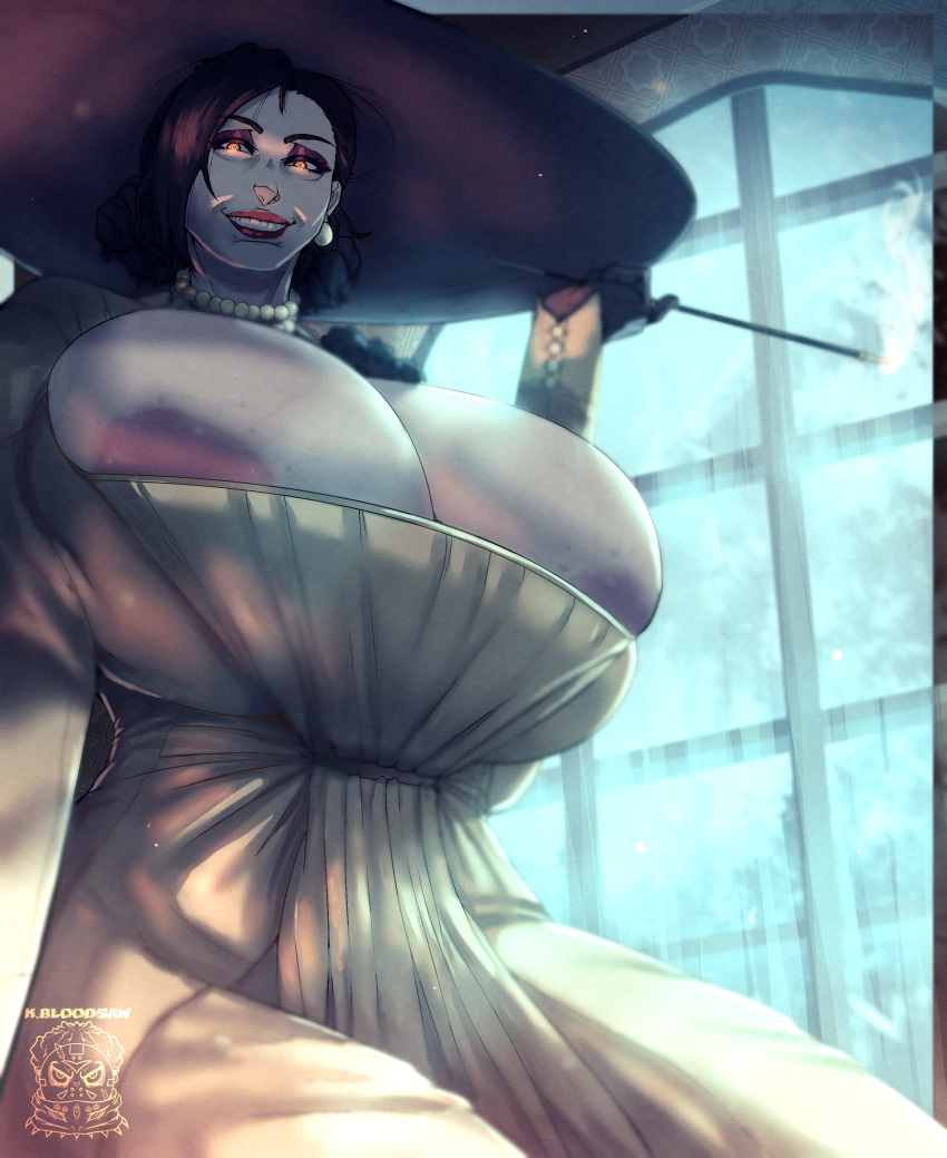 alcina_dimitrescu areola_slip big_areola cleavage curvy female_only gigantic_breasts hat huge_breasts indoor kbloodsaw looking_at_viewer mature milf pale_skin resident_evil resident_evil_8:_village smirking taller_female thick_thighs vampire vampire_girl