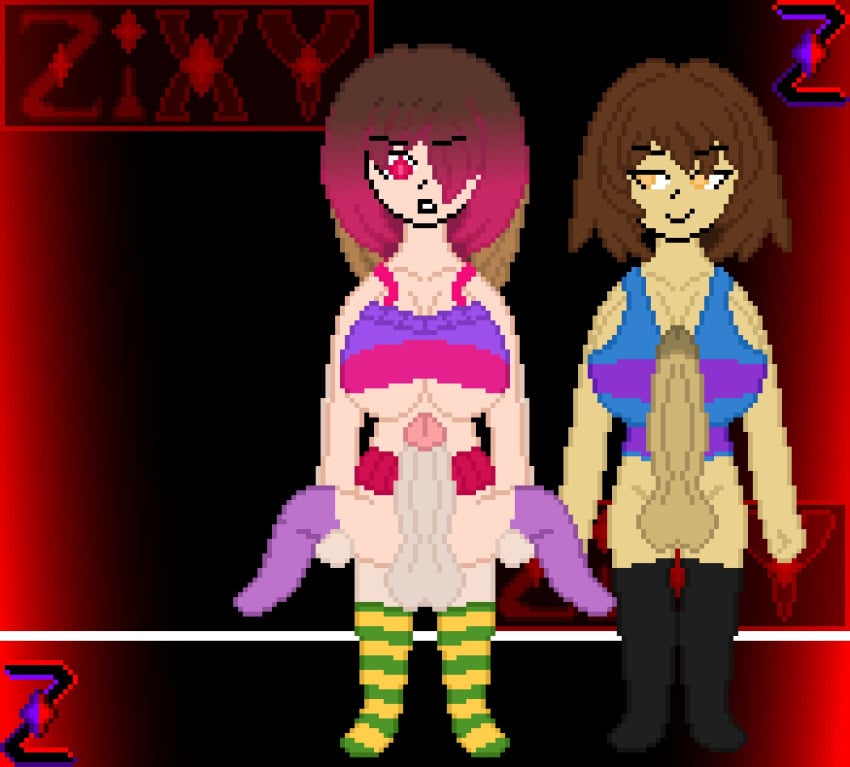 1girls 2022 2futas bad_anatomy balls bete_noire big_breasts big_penis bottomless chara clothed clothing duo erection female frisk futa_on_female futanari glitchtale human imminent_sex light-skinned_female light-skinned_futanari light_skin partially_clothed penis pixel_art reverse_suspended_congress standing undertale undertale_(series) undertale_au undertale_fanfiction zixy