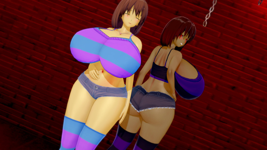 2022 2girls albyon big_ass big_breasts big_tits blush blushing breasts_bigger_than_head brown_hair cleavage closed_eyes clothed clothed_female dark_skin evil_grin female_only frisk huge_breasts leggings multiple_girls necklace red_eyes tagme thick_ass thick_hips thick_thighs undertale undertale_(series)