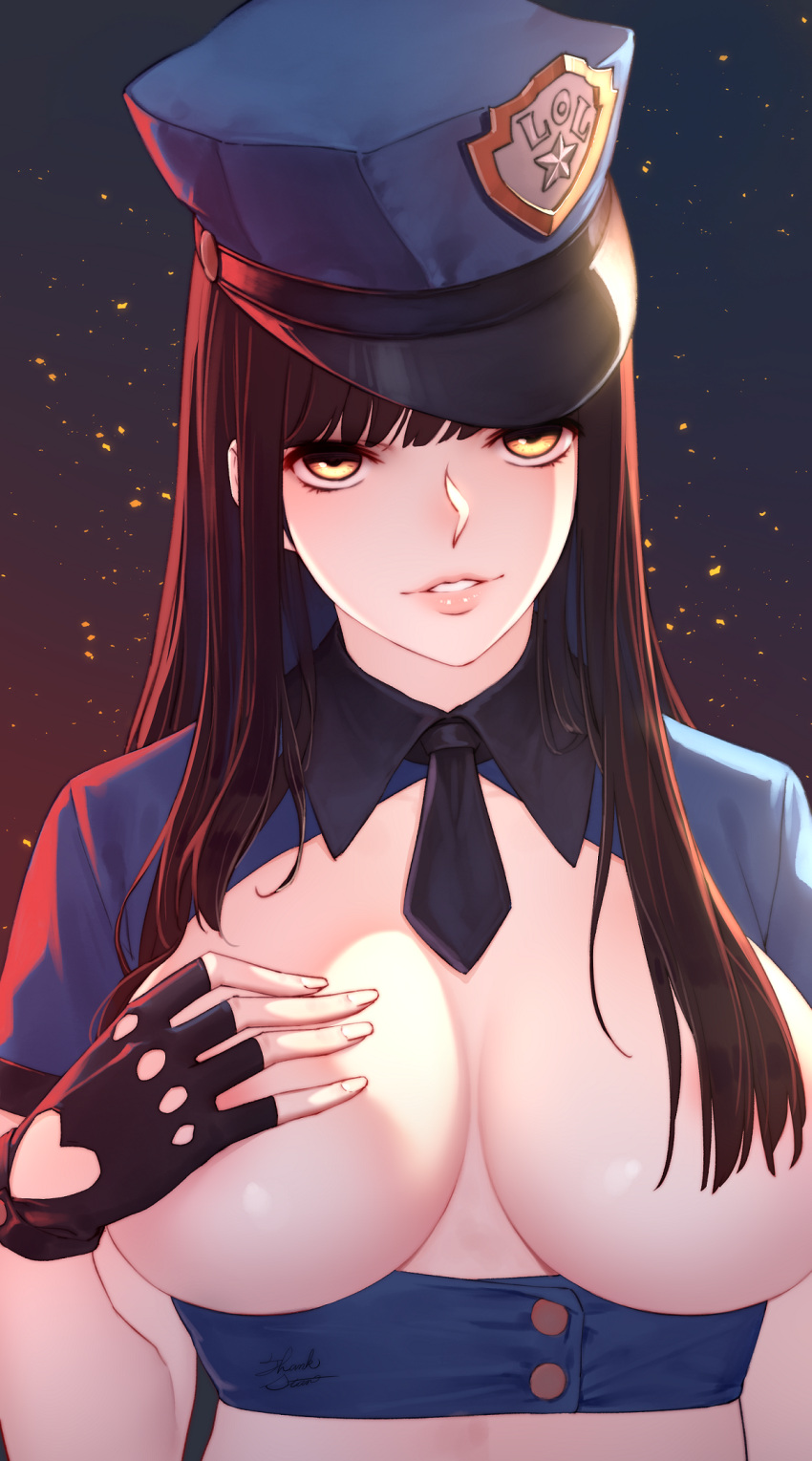 1girls areola_slip bangs big_breasts black_gloves blue_necktie breastless_clothes breasts brown_hair caitlyn_kiramman copyright_name covering covering_breasts daye_bie_qia_lian female female_focus female_only fingerless_gloves gloves gradient gradient_background hair_censor hair_over_breasts hand_on_breast hat hi_res high_resolution highres large_breasts league_of_legends light-skinned_female light_particles light_skin lips long_hair looking_at_viewer necktie officer_caitlyn parted_lips peaked_cap police police_hat police_officer police_uniform policewoman shiny shiny_skin short_necktie signature solo solo_female solo_focus teeth underbust upper_body yellow_eyes