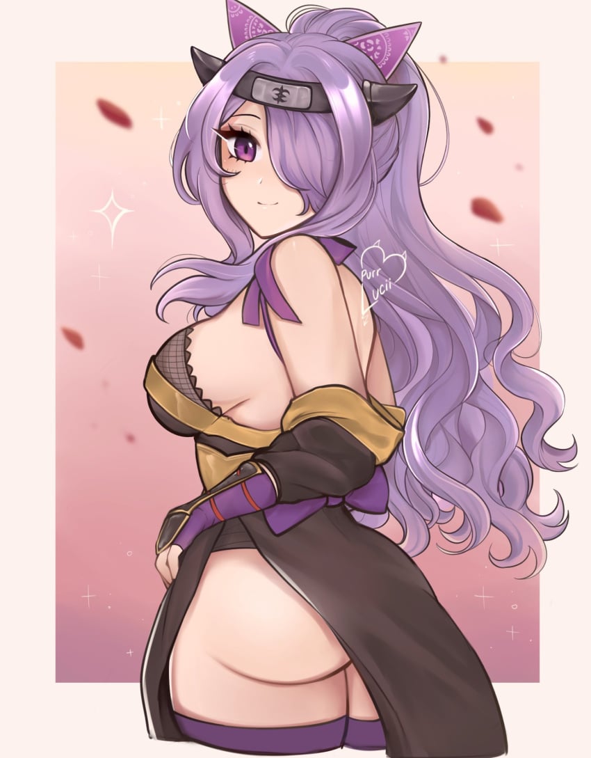 1girls alternate_costume alternate_hairstyle ass bangs bare_shoulders big_ass breasts camilla_(fire_emblem) camilla_(ninja)_(fire_emblem) choker female female_only fingerless_gloves fire_emblem fire_emblem_fates fire_emblem_heroes fishnet_top fishnets from_behind gloves hair_over_one_eye headband highres large_breasts long_hair looking_at_viewer ninja nintendo official_alternate_costume official_alternate_hairstyle ponytail purple_eyes purple_gloves purple_hair purple_ribbon purrlucii ribbon ribbon_choker shuriken_hair_ornament sideboob sidelocks smile solo thighs watermark wavy_hair wrist_guards