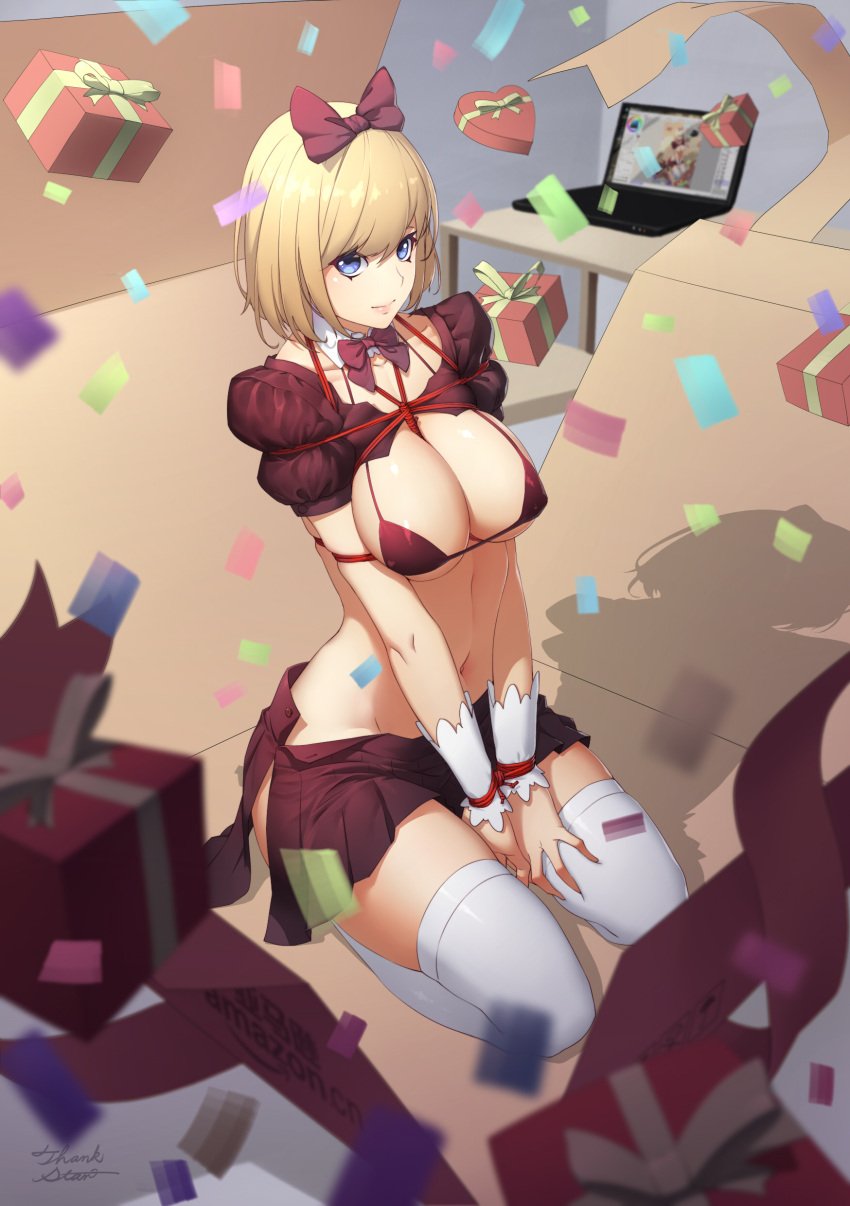 1girls amazon_(company) belly belly_button big_breasts blonde_female blonde_hair blue_eyes bondage bound bound_wrists bow box bra breasts cleavage closed_mouth computer confetti daye_bie_qia_lian detached_collar female female_focus female_only gift gift_box hairbow heart-shaped_box hi_res high_resolution highres kneeling laptop large_breasts light-skinned_female light_skin looking_at_viewer micro_bikini no_panties only_female original pale-skinned_female recursion red_rope rope shadow shiny shiny_clothes shiny_hair shiny_skin short_hair skindentation smile smiling smiling_at_viewer solo solo_female solo_focus stomach thighhighs unbuttoned white_thighhighs yellow_hair