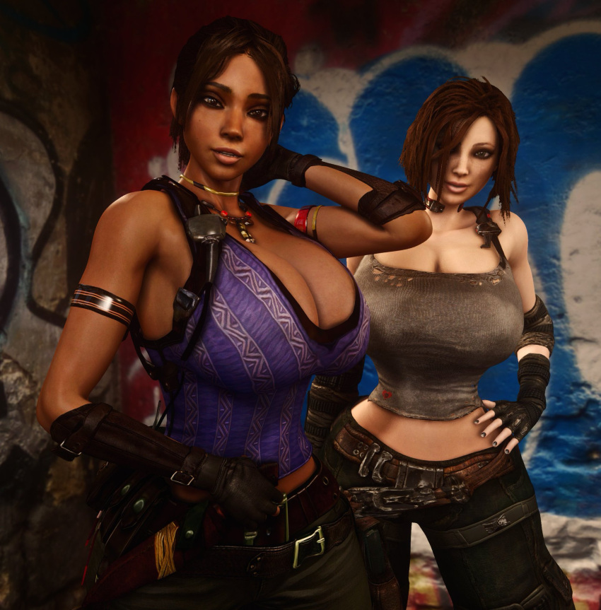 2girls 3d 3d_(artwork) african african_female alternate_breast_size bare_shoulders big_breasts breasts breasts_bigger_than_head brown_hair bulletstorm busty capcom cleavage clothed clothed_female crossover curvy dark-skinned_female dark_skin electronic_arts epic_games eyebrows eyelashes eyeshadow female female_only fingerless_gloves gigantic_breasts gloves hair highres hips huge_breasts human human_female human_only hyper hyper_breasts large_breasts lips looking_at_viewer nose people_can_fly resident_evil resident_evil_5 sheva_alomar shiny shiny_skin short_hair thick_lips top_heavy top_heavy_breasts trishka_novak upper_body vaako voluptuous wide_hips