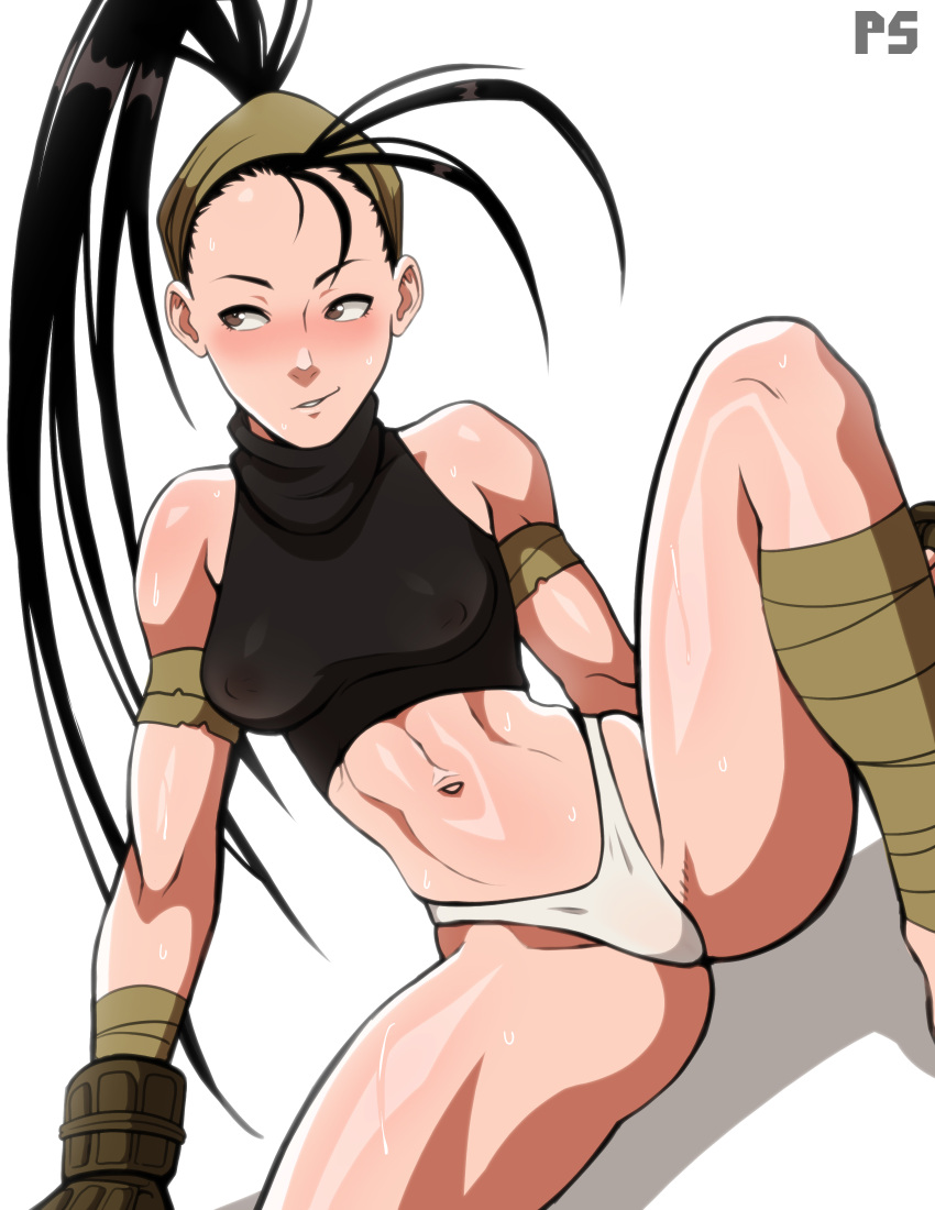 1girls black_hair blush brown_eyes capcom female female_only ibuki_(street_fighter) long_hair looking_away ninja nipple_bulge ponytail pumpkinsinclair smiling solo street_fighter street_fighter_iii street_fighter_iii:_3rd_strike street_fighter_iii_(series) very_high_resolution white_background