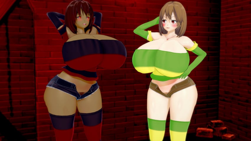 2022 2girls 3d albyon big_breasts blush blushing breasts_bigger_than_head chara cleavage clothed female female_only female_pubic_hair frisk hairy_pussy huge_breasts tagme undertale undertale_(series)