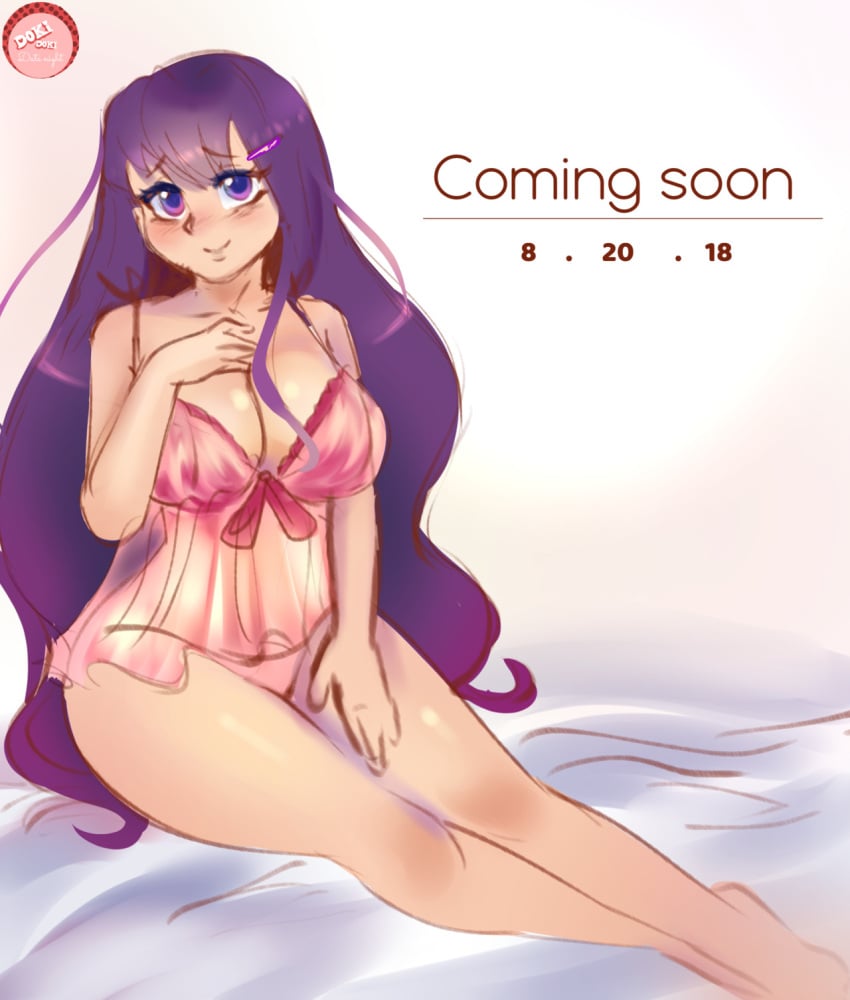 2018 breasts cleavage date dated doki_doki_literature_club female long_hair mrscurlystyles panties purple_eyes purple_hair yuri_(doki_doki_literature_club)