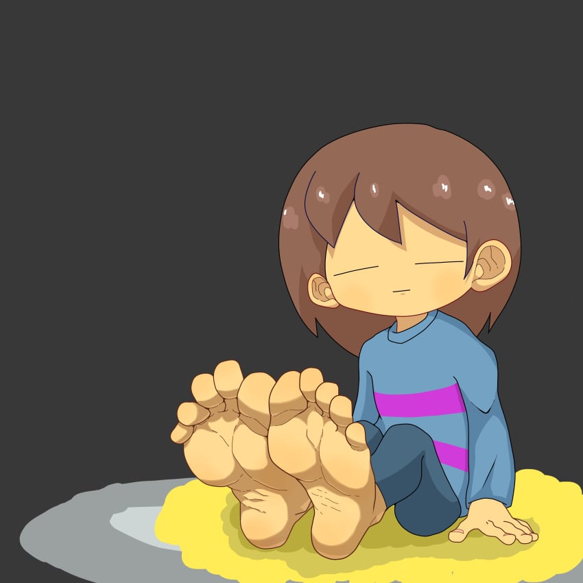 bare_soles boy brown_hair feet feet_out_front foot_fetish foot_focus frisk fully_clothed human male_only non-nude pants pixiv shirt soles toony undertale undertale_(series) white_skin 七変化_(artist)