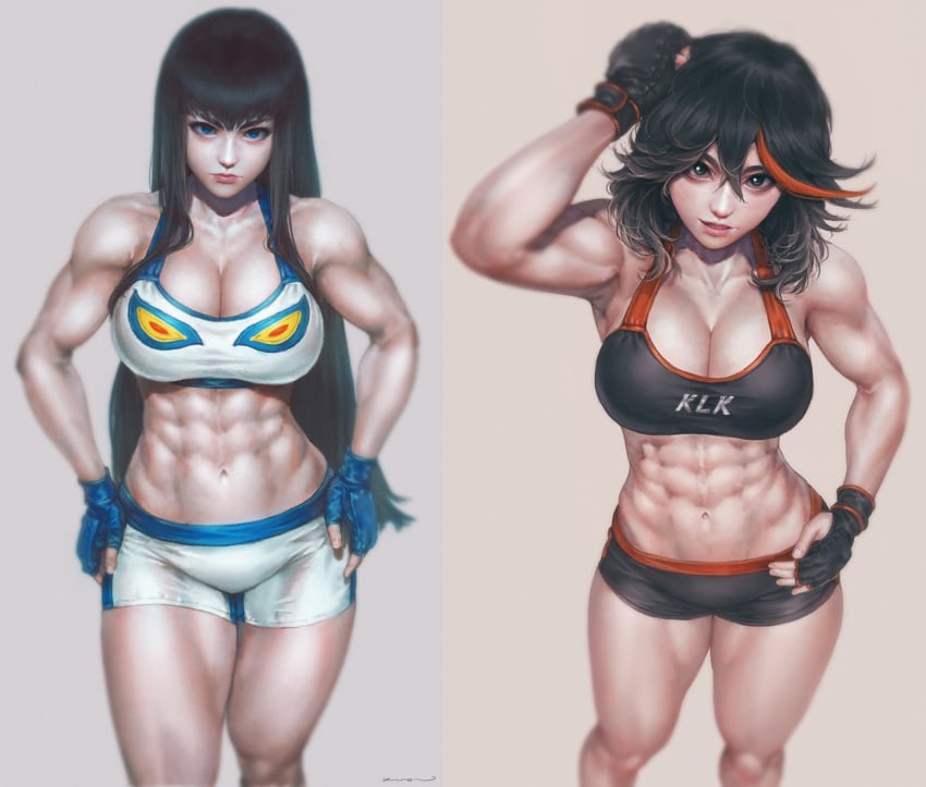 2girls abs alluring athletic_female cleavage female female_abs female_only fit_female gym_shorts junketsu kill_la_kill kiryuuin_satsuki matoi_ryuuko prinzkuon sports_bra tagme toned_female