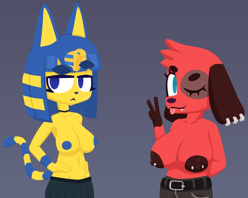 2girls :< alternate_breast_size animal_crossing ankha anthro areolae big_breasts blue_eyes blue_hair breast_focus breast_size_difference breasts breasts_out bust_portrait busty canid canine canis cat_ears cat_tail catgirl cherry_(animal_crossing) clothed clothing dog_ears duo felid feline felis female female_only fur furry furry_only grey_background hand_behind_back hands_on_hips huge_breasts jeans large_breasts nintendo nipple_piercing nipples partially_clothed puffy_nipples red_fur saucepesto simple_background skirt smile source_request tongue_out top_heavy topless unamused v_sign wink year_request yellow_fur