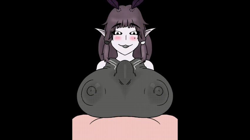 animated beat_banger big_breasts dark_sclera insect_girl long_ears mole_under_eye nipples nipples_visible_through_clothing original_character paizuri paizuri_under_clothes rubber tineola1 toriel_beat_banger