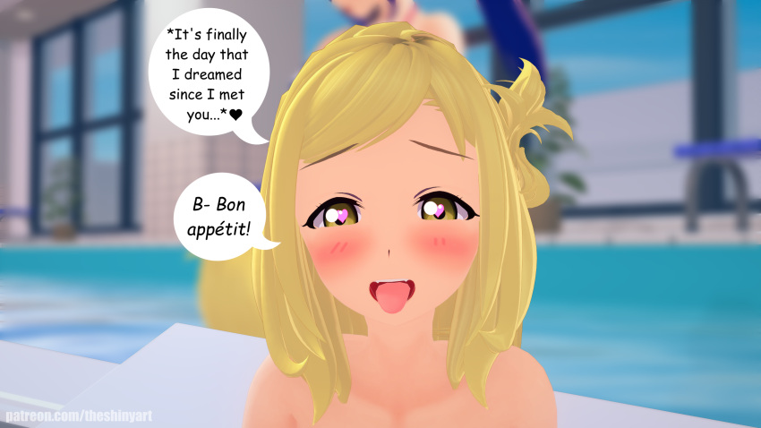 ahe_gao blonde_hair dialogue female love_live! love_live!_sunshine!! ohara_mari pool shininglewd swimsuit tongue