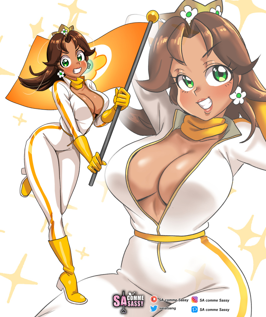 1girls big_ass big_breasts bodysuit brown_hair clothing dark_skin female female_only flag footwear full_body green_eyes handwear human inner_sideboob jumpsuit mario_(series) mario_kart multiple_views neckwear nintendo princess_daisy racing_suit sasatseng solo tan_skin thick_thighs unzipped unzipped_bodysuit wide_hips