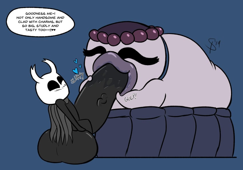 absurd_res anthro arthropod balls big_balls big_penis black_body blush cloak clothing dialogue english_text fellatio female gastropod genitals gilf grey_cloak heart hi_res hollow_eyes hollow_knight horn huge_cock insects looking_pleasured male male/female mollusk oral penile penis protagonist_(hollow_knight) salubra sex slug squealydealy team_cherry text vein veiny_penis video_games