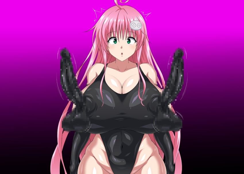 1futa balls breasts censored cleavage covered_navel covered_nipples covered_penis cowboy_shot delu detached_sleeves diphallia diphallism futanari gradient gradient_background groin highleg highleg_leotard huge_breasts lala_satalin_deviluke leotard long_hair misplaced_genitals mosaic_censoring multi_balls multi_genitalia multi_penis penis penis_nipples pink_hair solo straight-on surprised to_love-ru twitching_penis very_long_hair