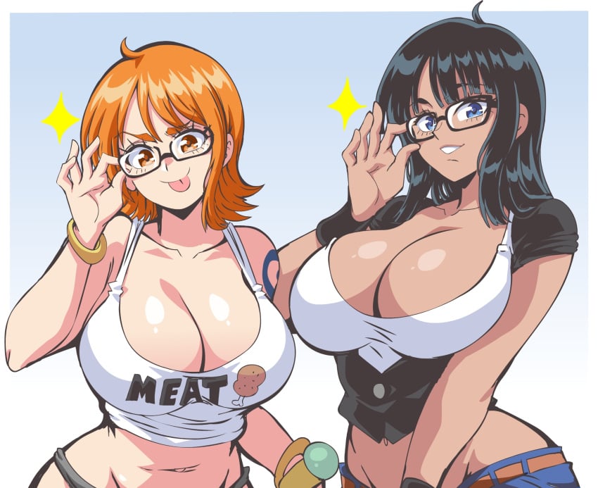 2girls big_breasts black_hair bocodamondo breasts busty cleavage clothed curvy female female_only glasses huge_breasts jeans lewdamone log_pose long_hair megane midriff midriff_baring_shirt nami nico_robin one_piece orange_hair overflowing_breasts panties pre-timeskip shirt short_hair skimpy_clothes tank_top voluptuous