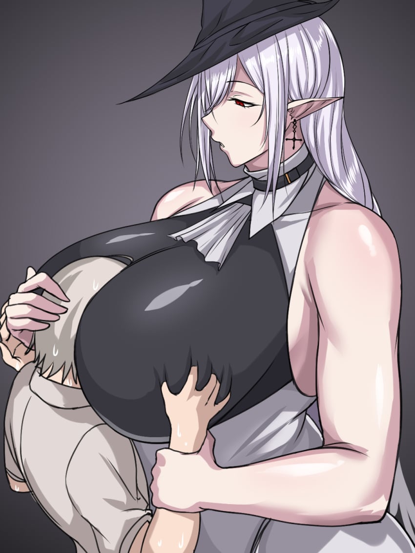 arknights artist_request breast_smother female femdom gigantic_breasts gladiia_(arknights) larger_female male size_difference skintight smaller_male