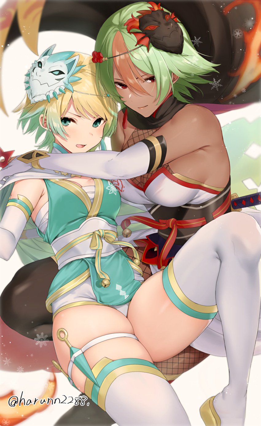 2girls alternate_costume bangs bare_thighs blonde_hair blue_hair breasts cleavage dark-skinned_female dark_skin female female_only fire_emblem fire_emblem_heroes fjorm_(fire_emblem) fjorm_(ninja)_(fire_emblem) gradient_hair haru_(nakajou-28) highres japanese_clothes kunai laegjarn_(fire_emblem) laegjarn_(ninja)_(fire_emblem) large_breasts mask mask_on_head multicolored_hair multiple_girls ninja nintendo official_alternate_costume sarashi short_hair short_shorts shorts skindentation thick_thighs thigh_strap thighhighs thighs tight weapon