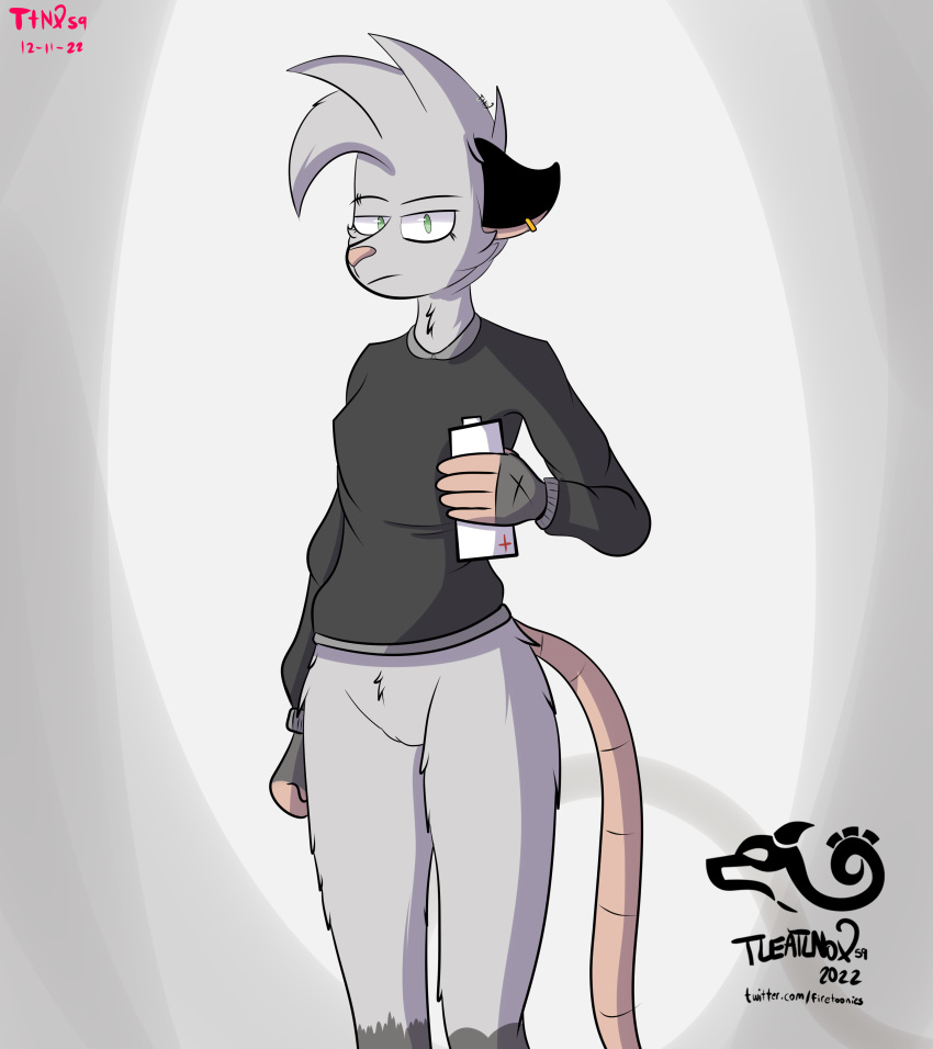 absurd_res anthro black_clothing bottle bottomless cel_shading clothed clothing didelphid ear_piercing eyebrow_piercing facial_piercing female female/female fluffy genitals green_eyes grey_body hi_res holding_object jackie(tleatlnox59) long_tail looking_at_viewer mammal marsupial neutral_expression nude piercing pink_nose pussy shaded simple_background solo standing tleatlnox59 virginia_opossum