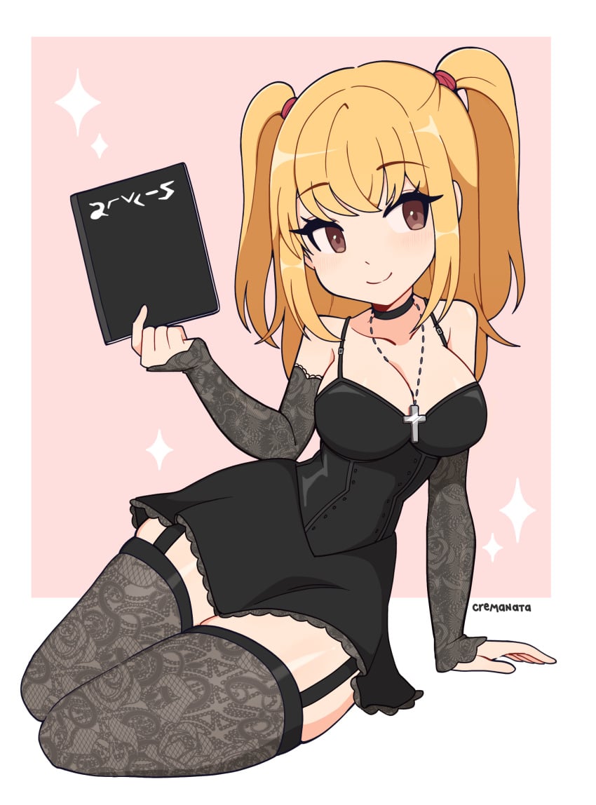 1girls blonde_hair blush bra brown_eyes clothed corset cremanata cross_necklace death_note death_note_(object) dress female female_only garter_straps lace misa_amane smile solo tagme thighhighs thighs twintails