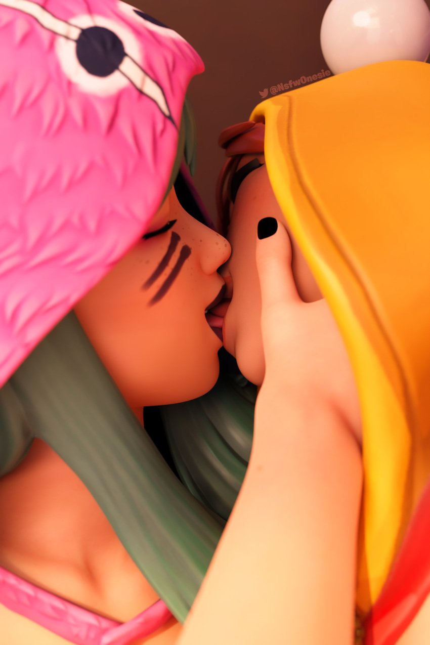 2girls female fortnite hood kissing nsfwonesie onesie_(fortnite) syd_(fortnite) yuri