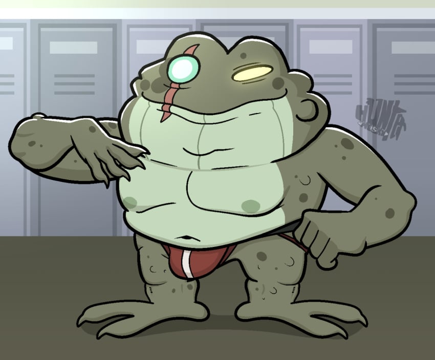 amphibia amphibia_(series) amphibian_humanoid blue_eye captain_grime disney facial_scar gay green_body green_skin heterochromia hunter-husky jockstrap locker_room male male_only nanothehedgehog non-human old_man older_male scar smooth_skin toad underwear underwear_only yellow_eye