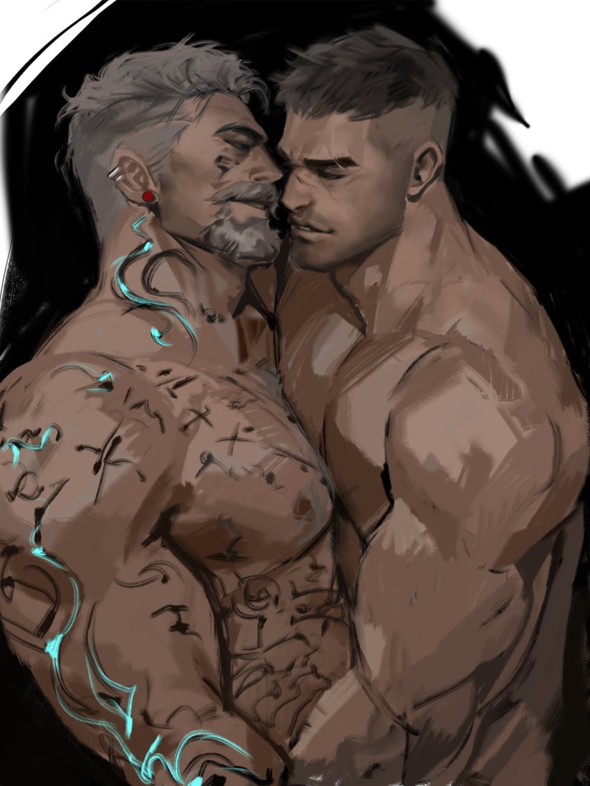 2020s 2boys 2males athletic athletic_male bara bara_tiddies bara_tits barazoku beard biceps big_muscles brown_hair chest chest_hair chest_tuft david_king dead_by_daylight dopq eyebrows gay gesture gray_hair grin hair hair_tuft hairy_chest male_only manly masculine mature mature_male pecs pecs_touching short_hair simple_background tattoo tattoos teeth thick_body thick_eyebrows toned toned_body toned_male video_games vittorio_toscano white_hair yaoi zaddy