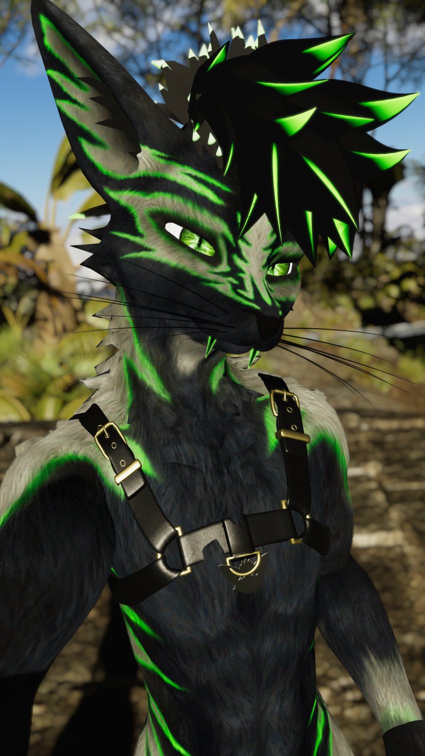 3d abs anthro anthro_only canid canine fur furry furry_only green_hair grey_fur hoodbrailen male male_only muscular muscular_anthro muscular_male rexouium tagme twitter vr_media vrchat vrchat_avatar