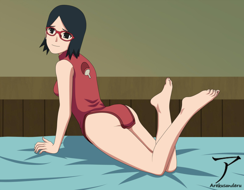 1girls arched_back arekusanderu ass bare_arms bare_legs bare_shoulders barefoot bed bedroom bent_over black_eyes black_hair boruto:_naruto_next_generations dress feet feet_up female female_only foot_fetish glasses legs_together legs_up light-skinned_female light_skin naruto naruto_(series) no_panties on_bed pale-skinned_female pale_skin petite pinup presenting_ass presenting_butt presenting_feet sarada_uchiha short_dress shounen_jump sleeveless sleeveless_dress small_breasts smile smiling solo toes uchiha_symbol