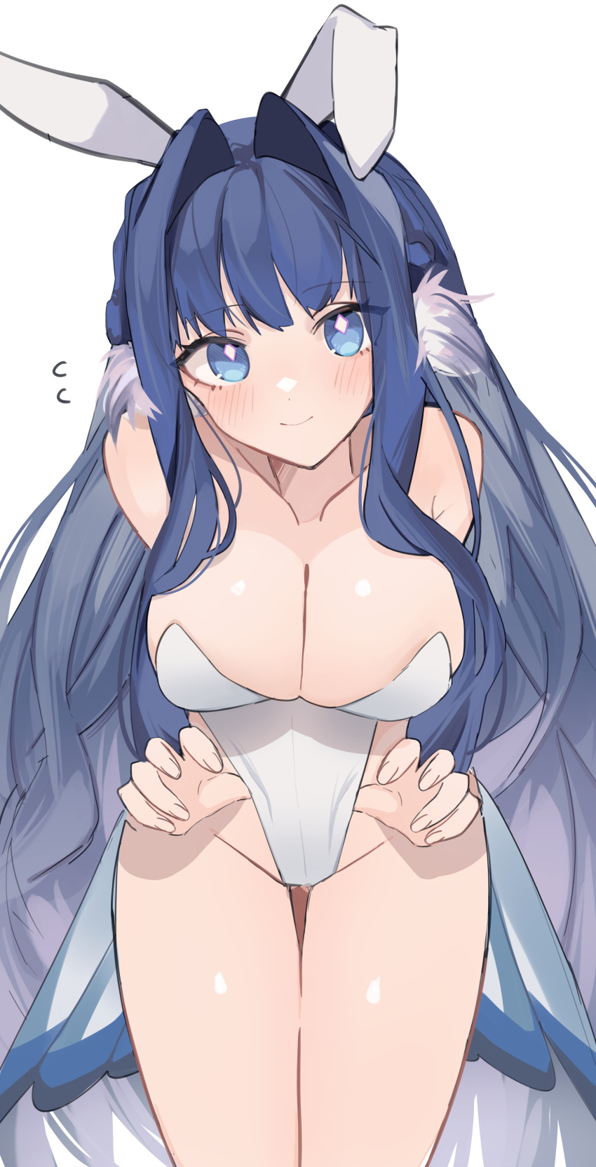 1girls :) adjusting_clothes arknights ass_visible_through_thighs astesia_(arknights) bare_shoulders bent_over big_breasts blue_eyes blue_hair blush breasts bunny_ears bunnysuit chunta cleavage cute ear_tuft embarrassed female female_only glowing_eyes happy head_tilt highres leaning_forward legs leotard light-skinned_female long_hair looking_at_viewer seductive smile solo standing thigh_gap thighs white_background white_bunny_ears white_bunnysuit white_leotard