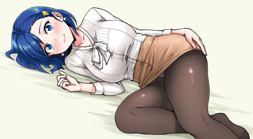 1girls blue_eyes blue_hair blush buttons earrings female hair_ornament large_breasts looking_at_viewer lying miniskirt no_shoes on_side pantyhose pantyshot pantyshot_(lying) pas_(paxiti) shirt solo underwear