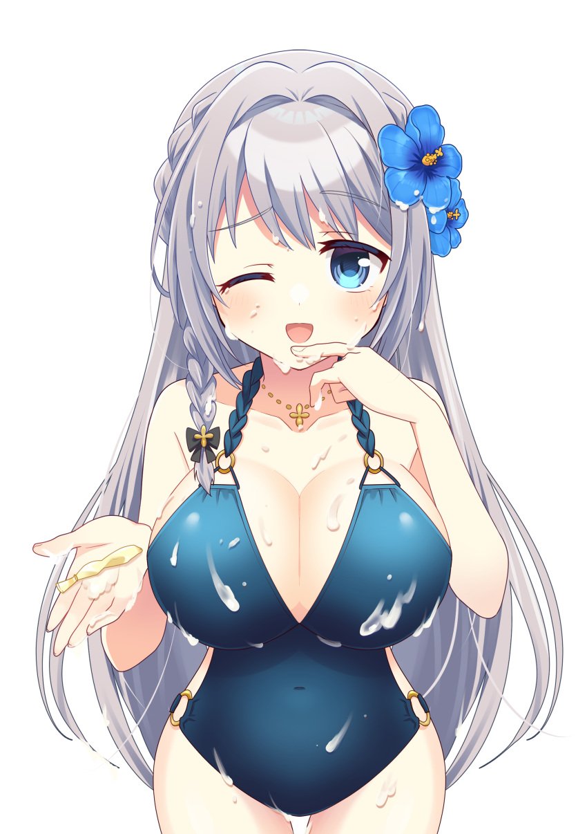 ;d absurdres bangs black_bow blue_eyes blue_flower blue_one-piece_swimsuit blush bow braid breasts cleavage condom covered_navel cowboy_shot cum cum_on_body cum_on_clothes dot_nose facial female finger_to_own_chin flower grey_hair hair_down hair_flower hair_intakes hair_ornament hairbow halterneck hibiscus highres holding holding_condom jewelry large_breasts long_hair looking_at_viewer magia_record:_mahou_shoujo_madoka_magica_gaiden mahou_shoujo_madoka_magica momo_tomato necklace o-ring o-ring_swimsuit one_eye_closed side_braid sidelocks simple_background single_braid smile solo straight-on swept_bangs swimsuit transparent_background used_condom very_long_hair yakumo_mitama yakumo_mitama_(swimsuit_costume)